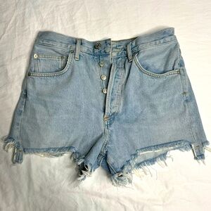Agolde Button Fly Light Wash Raw Hem Distressed Jean Shorts Size 28‎